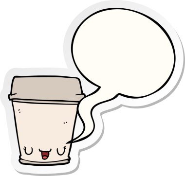 Bir insan tarafından çizilmiş konuşma balonu çıkartmalı çizgi film kahve fincanı.