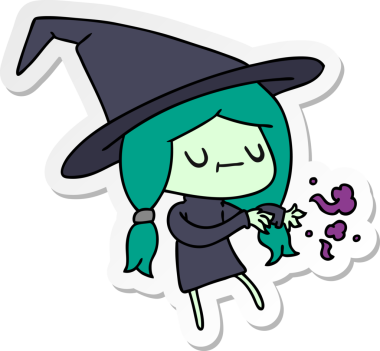 Bir insan tarafından çizilmiş sevimli kawai cadısının serbest sticker karikatürü.