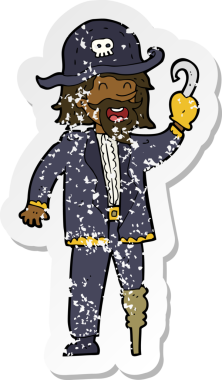 Bir insan tarafından çizilmiş korsan karikatür kaptanının sıkıntılı retro yapıştırması.