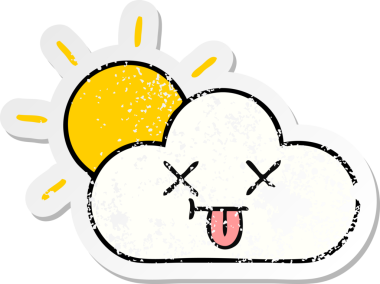 Sevimli bir çizgi film yıldızının sıkıntılı çıkartması ve bir insan tarafından çizilmiş bulut.