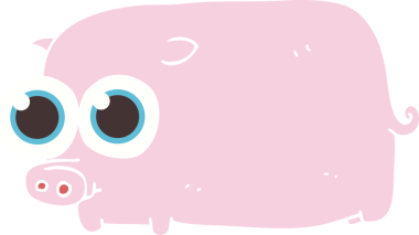 Bir insan tarafından çizilmiş büyük, güzel gözleri olan domuz yavrusunun düz renk çizimi