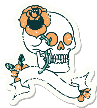 Bir insan tarafından çizilmiş kafatası ve gülü olan eski bir etiket.