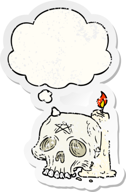 İnsan tarafından çizilmiş yıpranmış bir çıkartma gibi, düşünce baloncuklu garip kafatası ve mum.