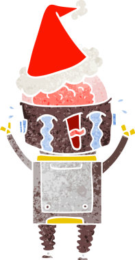 Bir insan tarafından çizilmiş Noel Baba şapkası giymiş ağlayan bir robotun el çizimi karikatürü