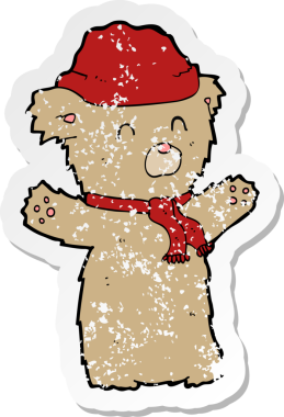 Bir insan tarafından çizilmiş şapka ve eşarplı oyuncak ayının geriletilmiş çıkartması.