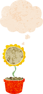 Düşünce baloncuğu ve grunge ile sevimli karikatür çiçek bir insan tarafından çizilmiş sıkıntılı retro doku