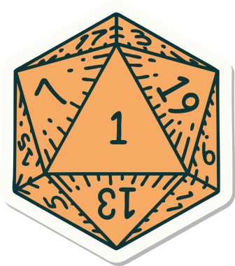 Bir insan tarafından çizilmiş doğal 1 D20 zar etiketi.