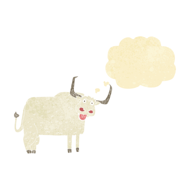 Bir insan tarafından çizilmiş düşünce balonlu kıllı inek çizgi filmi.
