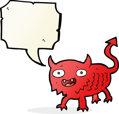 Bir insan tarafından çizilmiş konuşma balonu olan küçük bir iblis.