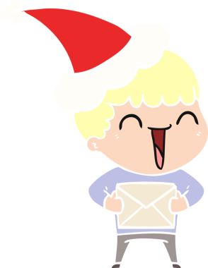 Bir insan tarafından çizilmiş Noel Baba şapkası takan mutlu bir adamın düz renkli çizimi.