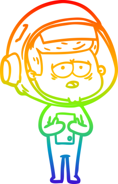 Gökkuşağı gradyan çizgi çizimi bir insan tarafından çizilmiş yorgun astronot