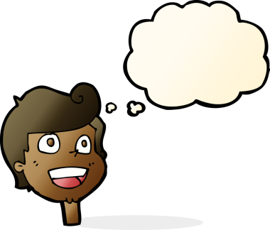 Bir insan tarafından çizilmiş düşünce baloncuklu mutlu bir yüz.