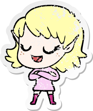 Bir insan tarafından çizilmiş mutlu bir elf kızının sıkıntılı çıkartması.