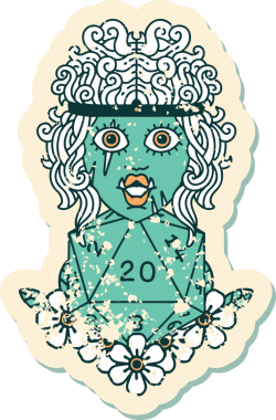 Retro Dövme Tarzı Ork barbarlığı. Bir insan tarafından çizilmiş doğal yirmi zar.