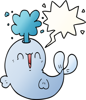 Çizgi film balinası konuşma baloncuğuyla su fışkırtıyor.