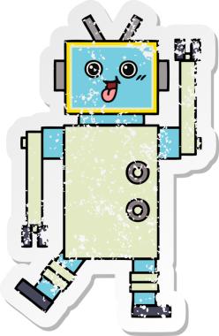 Bir insan tarafından çizilmiş sevimli bir robot çizgi film çıkartması.