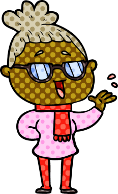 Bir insan tarafından çizilmiş gözlüklü mutlu kadın çizgi filmi.