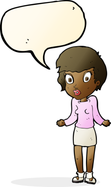 Bir insan tarafından çizilmiş konuşma baloncuğuyla omuz silken çizgi film kadını.