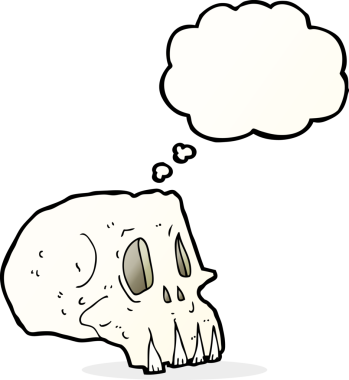 Bir insan tarafından çizilmiş düşünce baloncuklu garip kafatası.