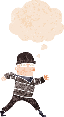 Düşünce baloncuğu olan çizgi film hırsızı bir insan tarafından çizilmiş dertli retro tarzı