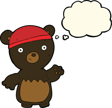 Bir insan tarafından çizilmiş düşünce balonlu şapka takan siyah ayı çizgi filmi.