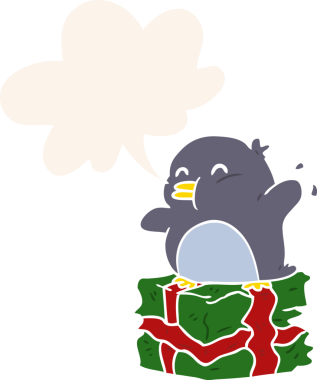 Bir insan tarafından çizilmiş, retro tarzı konuşma baloncuğuyla sarılmış penguen çizgi filmi.