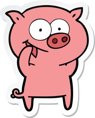 Bir insan tarafından çizilmiş neşeli bir domuz çizgi filminin çıkartması.