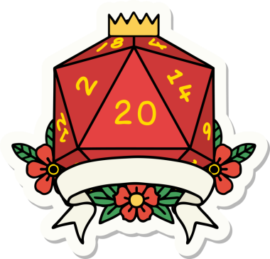 Bir insan tarafından çizilmiş 20 kritik vuruşluk D20 zar etiketi.