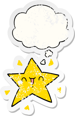 Düşünce baloncuğu olan mutlu çizgi film yıldızı insan tarafından çizilmiş yıpranmış bir çıkartma gibi.