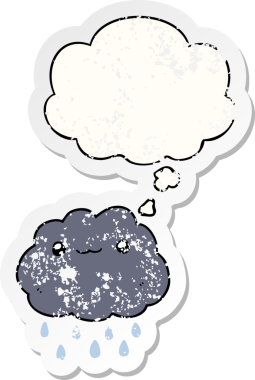 Düşünce baloncuklu karikatür bulutu bir insan tarafından çizilmiş yıpranmış bir çıkartma gibi.