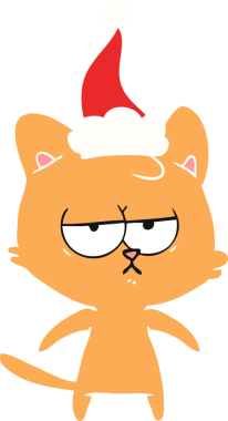 Bir insan tarafından çizilmiş Noel Baba şapkası takan bir kedinin düz renk çizimi.