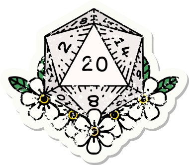 Bir insan tarafından çizilmiş çiçek elementleriyle 20 D20 zarının grunge sticker 'ı.