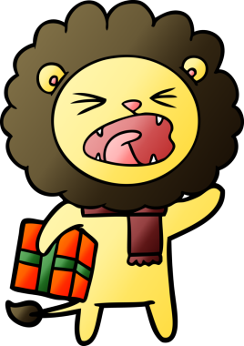 Bir insan tarafından çizilmiş noel hediyeli çizgi film aslanı.