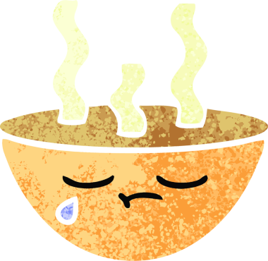 Bir insan tarafından çizilmiş sıcak bir çorba kasesinin retro çizim tarzı karikatürü.
