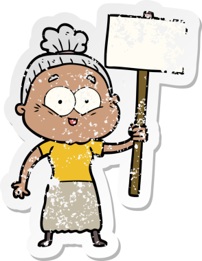 Bir insan tarafından çizilmiş mutlu, yaşlı bir kadının sıkıntılı çıkartması.