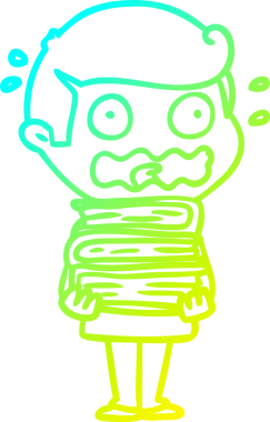 Kitapları olan bir çizgi film karakterinin soğuk gradyan çizimi tamamen bir insan tarafından çizilmiş.