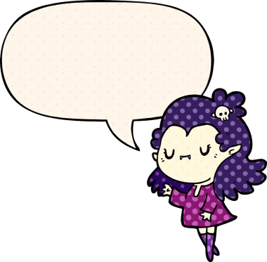 Bir insan tarafından çizilmiş çizgi roman tarzı konuşma balonu olan sevimli vampir kız.