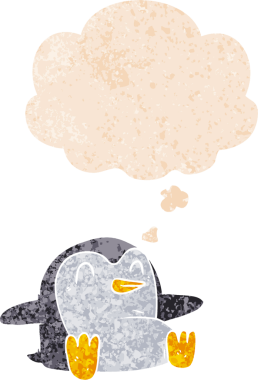 Düşünce baloncuğu olan karikatür pengueni bir insan tarafından çizilmiş dertli retro desenli.
