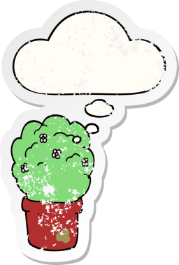 Düşünce baloncuklu karikatür çalı bir insan tarafından çizilmiş yıpranmış bir çıkartma.