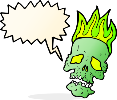 Bir insan tarafından çizilmiş, konuşma baloncuklu bir kafatası.