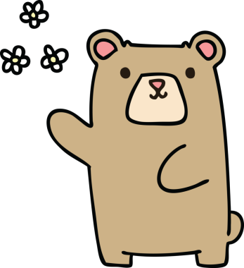 Bir insan tarafından çizilmiş garip bir çizgi film ayısı ve çiçekler.