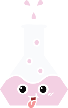 Bir insan tarafından çizilmiş bir bilim şişesinin düz renkli retro karikatürü