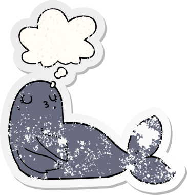 Düşünce baloncuklu karikatür mührü bir insan tarafından çizilmiş yıpranmış bir çıkartma gibi.