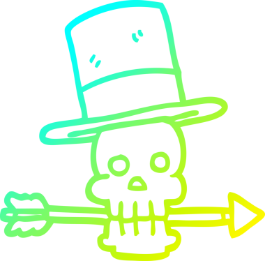 Bir insan tarafından çizilmiş silindir şapkalı ve oklu bir kafatası çizimi.