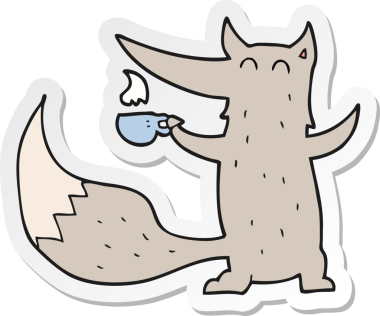 Bir insan tarafından çizilmiş kahve fincanı olan bir kurt çizgi film etiketi.