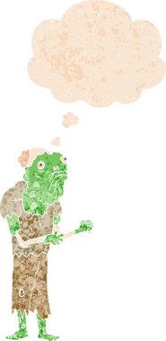 Grunge 'da düşünce baloncuğu olan çizgi film zombisi bir insan tarafından çizilmiş dertli retro tarzı.