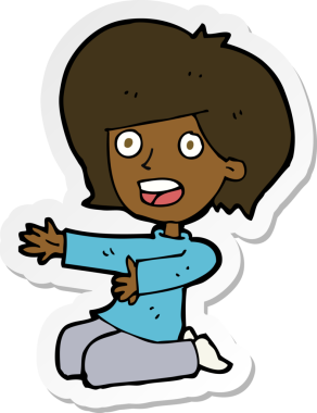 Çizgi film çıkartması. Bir insan tarafından dizlerinin üzerine çizilmiş bir kadın.