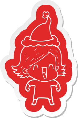 Bir insan tarafından çizilmiş Noel Baba şapkası giyen mutlu bir kadının garip çizgi film etiketi.