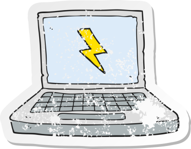 Bir insanın çizdiği dizüstü bilgisayarın gerilimli retro yapıştırması.