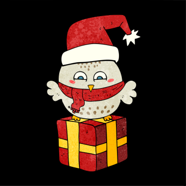 El yazması retro çizgi film şirin noel baykuşu bir insan tarafından çizilmiş hediye paketi